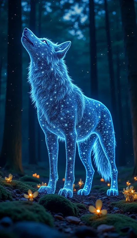 "A majestic wolf silhouette formed entirely of glowing constellations, its body outlined by a network of shimmering stars. The wolf’s head and limbs are made of interconnected star patterns, with each constellation detailing its fur, eyes, and stance. The ...