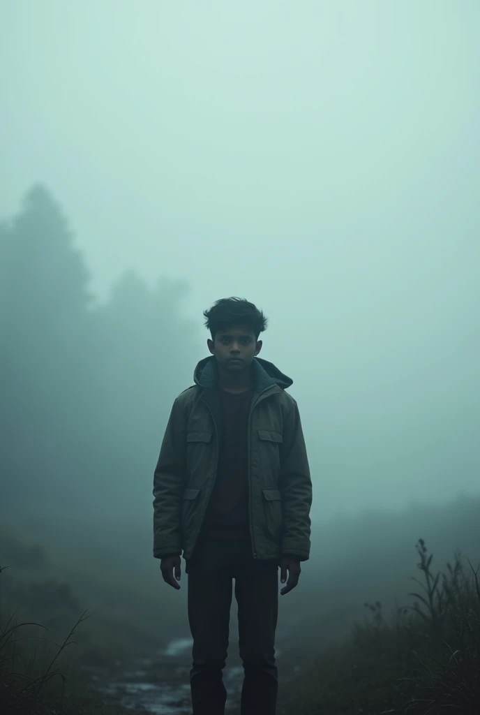 A 24-year-old Bangladeshi boy stands in foggy weather in a jacket on a winter morning