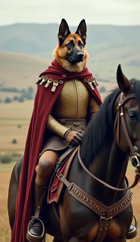 a German Shepherd dog wearing Jaime Lannisters clothes from the Game of Thrones series, on top of a horse