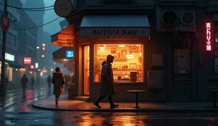  the window shines warm light {x} 3D animation style, the late-night street is illuminated by soft neon lights， corner in a raincoat ， rain forms ripples on the ground ， passers-by hurried through the small coffee shop window on the ，With the smell of lone...