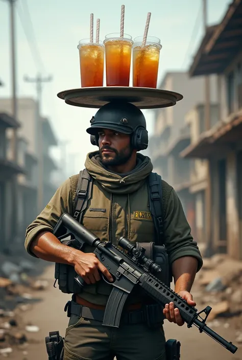 PUBG character carrying a weapon while selling iced tea carried on his head