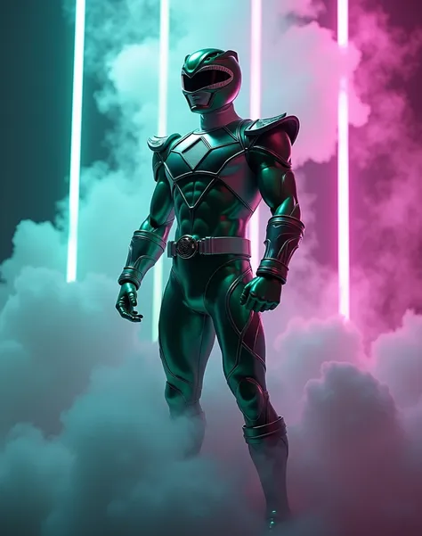 Green Power Ranger surrounded by smoke and magenta and blue neon lights