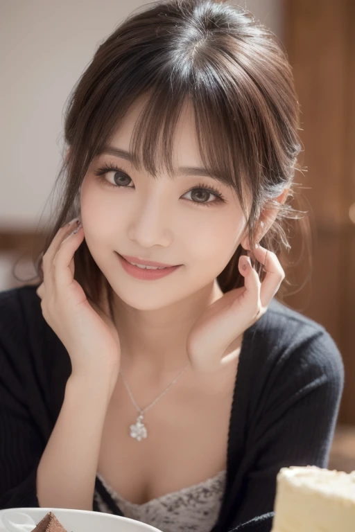  Inhaling Eyes , cute double ,  mystery woman enjoying chiffon cake at cafe,  inside a calm cafe , Light colored medium hair, hairpin,  clothes chosen for a date , Talented , Kind personality,  woman who is very particular about the details ,  detailed hai...