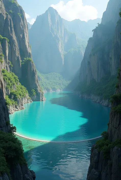 A huge round turquoise lagoon with huge stone mountains surrounding it 