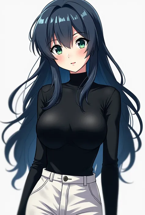  Beautiful mature 2D young woman with long wavy hair , bluish black with pointed bangs on the front  ,  right eye light green left light blue with black eyebrows  , light red lips ,  dressed in a black long-sleeved shirt and loose white pants.  Anime versi...