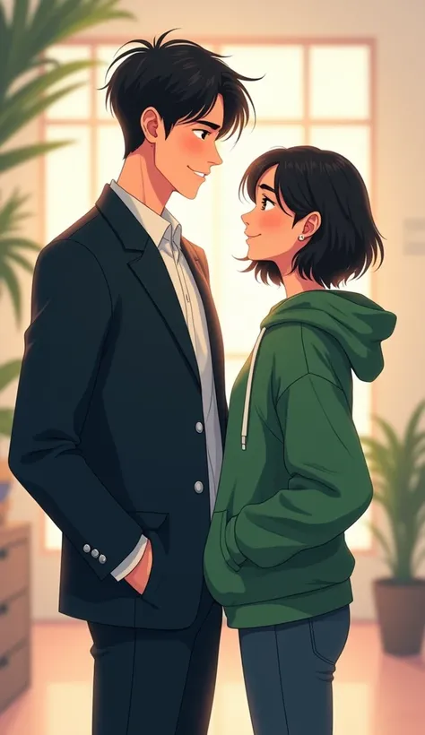 A grumpy billionaire young man CEO in corporate standing facing the forward, his left hand in his pocket smiling as he faces forward.

The woman with black hair stands next to him, she is happy, short with a green hoodie in a cute pose
Manhwa

Style is a r...