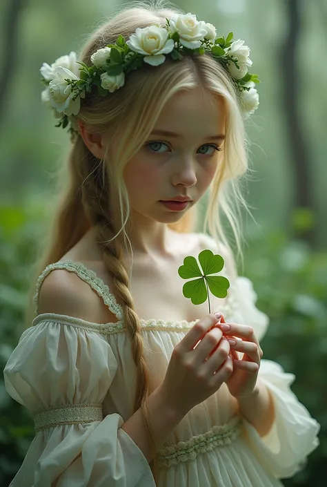 Take a picture of ALERQUINA with a clover in her hand
With the clothes of the Alerquina 