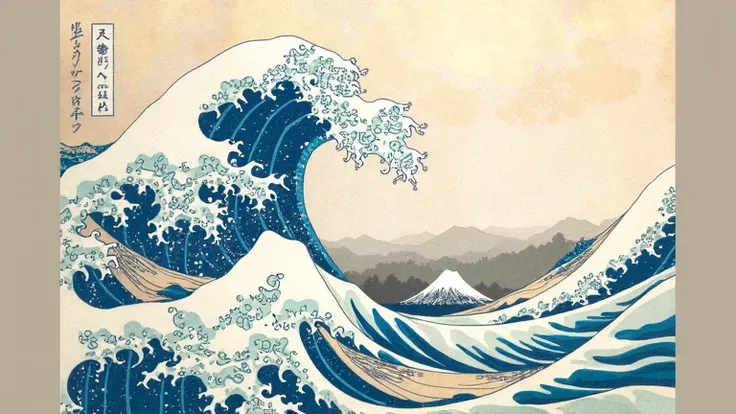 Big waves are crashing into the ocean, great wave off kanagawa, great wave of hokusai, the great wave off kanagawa, great wave, photograph、8k,3d, top quality