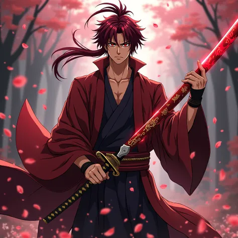 Artstyle: demon slayer anime
Gender: Male.
Hair: Dark red hair.
Eyes: Maroon.
Body: Lean muscular.
Height: 208 cm.
Clothes:
Likes: Love, family, swords, helping people.
Weapon: A 400-year-old katana with a jet-black blade adorned with intricate red flame-l...