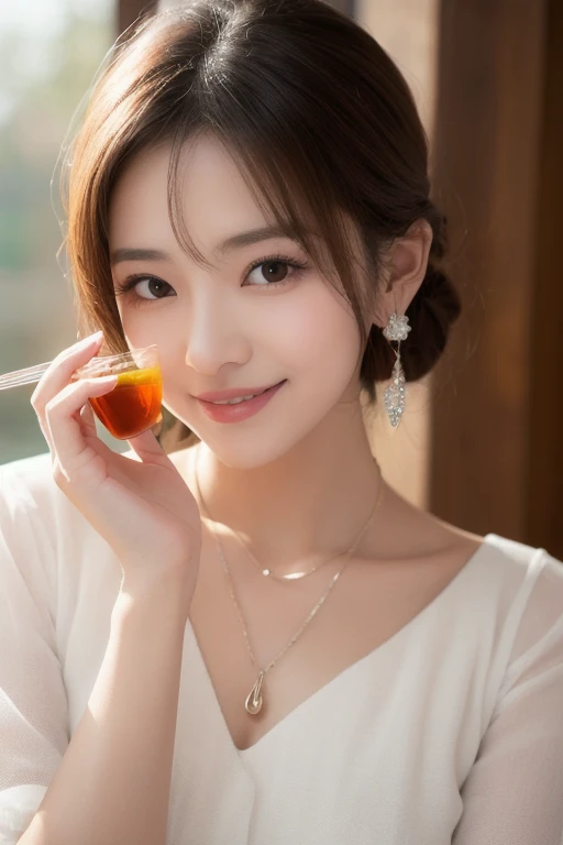  Inhaling Eyes , cute double ,  mystery woman enjoying chiffon cake at cafe,  inside a calm cafe , Light colored medium hair, hairpin,  clothes chosen for a date , Talented , Kind personality,  woman who is very particular about the details ,  detailed hai...