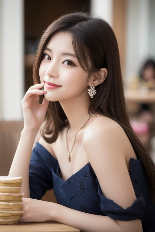  Inhaling Eyes , cute double ,  mystery woman enjoying chiffon cake at cafe,  inside a calm cafe , Light colored medium hair, hairpin,  clothes chosen for a date , Talented , Kind personality,  woman who is very particular about the details ,  detailed hai...