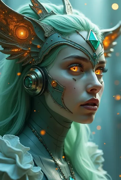 The goddess, Fortuna, glowing eyes, head to breast, silicone cybernetics. High Resolution, Masterpiece, Award Winning, Best Quality, High Details, High Quality, UHD, Optical Illusion, Impressionism, Art Deco, Cinematic, Cinematography, Futurism, Hyperreali...