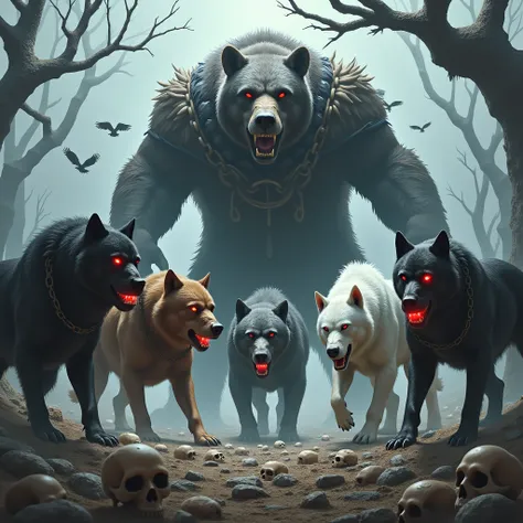 On the left three large, muscular wolves with red eyes .  And on the right three large, muscular white pit bulls with red eyes .  And in the middle back a large bear with chains around his neck and a polar bear with armor all over his body and on the groun...