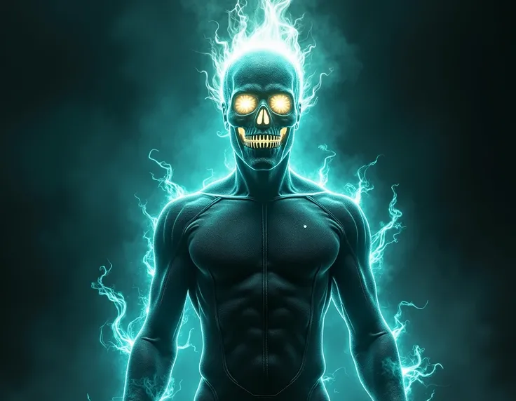 A man named Professor Mercury, with a body entirely made of radiant atomic energy glowing in a turquoise/celestial hue. His head resembles a burning skull made of the same energy, with energy extending outward. Over his energy-based form, he wears a sleek,...