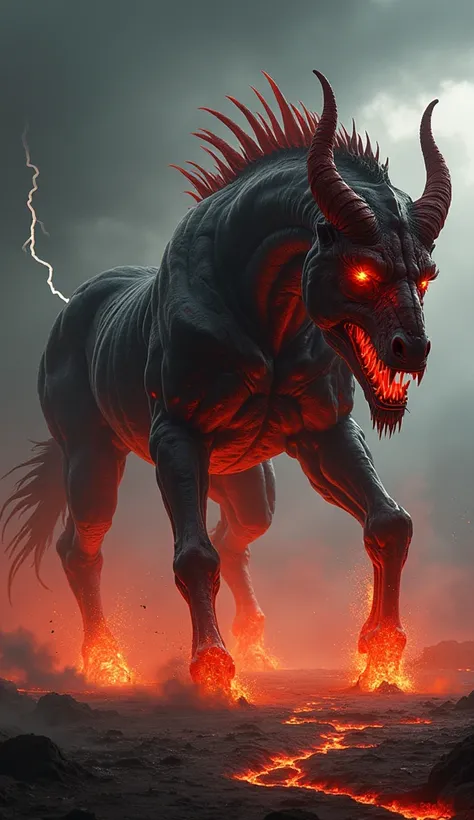 **Detailed Prompt:**  
"A hyper-realistic depiction of a massive hybrid demon creature that combines the ferocity of a giant demon horse and a giant demon pitbull. The creature has the muscular, robust body of a pitbull, with glowing red veins pulsating ac...