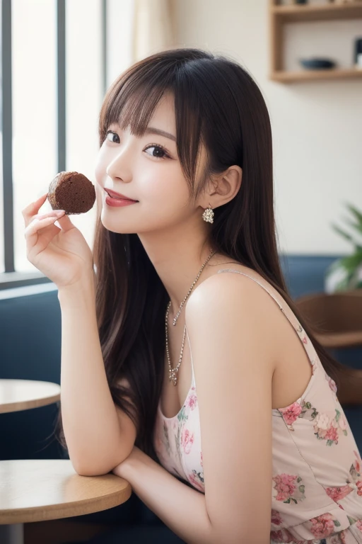  Inhaling Eyes , cute double ,  A mysterious woman enjoying chiffon cake at a cafe,  inside a calm cafe , Light colored medium hair, hairpin,  clothes chosen for a date , Talented , Kind personality,  woman who is very particular about the details ,  detai...