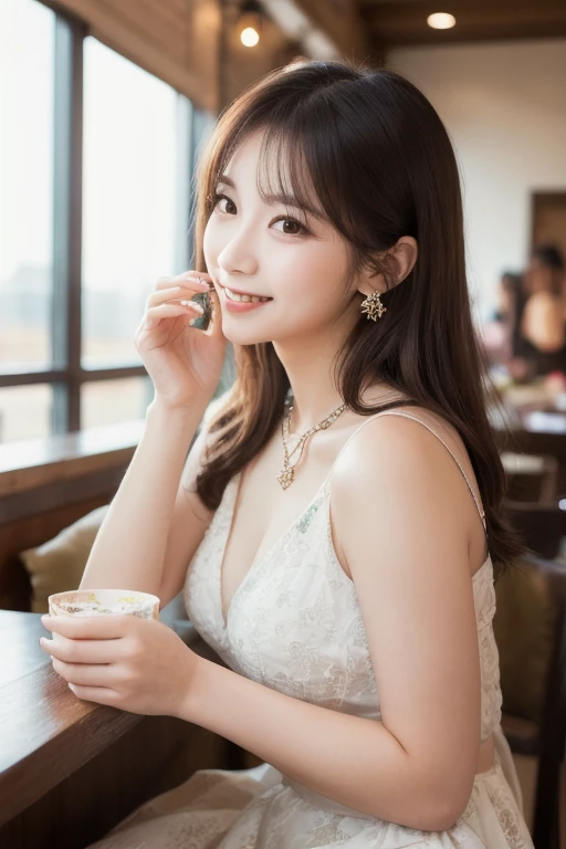  Inhaling Eyes , cute double ,  A mysterious woman enjoying chiffon cake at a cafe,  inside a calm cafe , Light colored medium hair, hairpin,  clothes chosen for a date , Talented , Kind personality,  woman who is very particular about the details ,  detai...