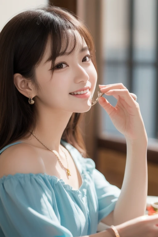  Inhaling Eyes , cute double ,  A mysterious woman enjoying chiffon cake at a cafe,  inside a calm cafe , Light colored medium hair, hairpin,  clothes chosen for a date , Talented , Kind personality,  woman who is very particular about the details ,  detai...