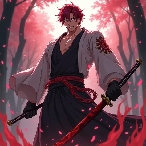 Artstyle: demon slayer anime
Gender: Male.
Hair: Dark red hair.
Eyes: Maroon.
Body: Lean muscular.
Height: 208 cm.
Clothes:
Likes: Love, family, swords, helping people.
Weapon: A 400-year-old katana with a jet-black blade adorned with intricate red flame-l...