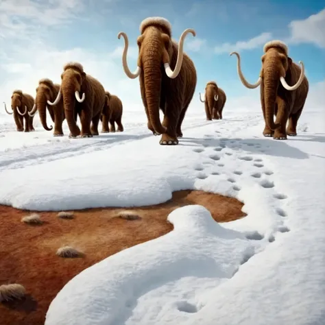 A herd of wooly mammoths are plodding through a snowy plain, a cute woman in furs is herding them, focus on the footprints in the snow
