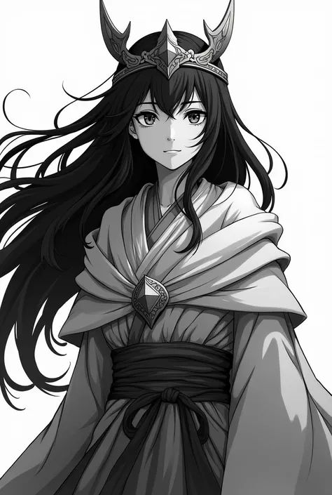  illustration anime painting black and white cartoon 2d .  princess of the mountain of war . long haired square blown in the wind  .  wears gandik as crown  . shouldered shawl 