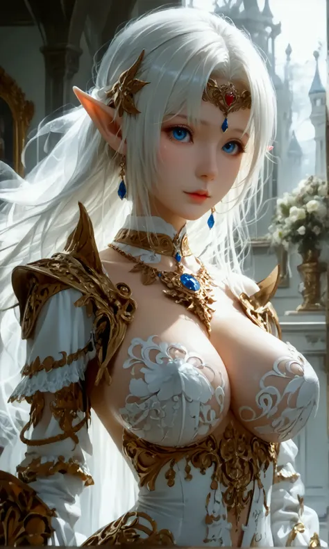 (8k, top quality, Masterpiece , Final Fantasy Style: 1.2),Atmospheric perspective, 8K, Very detailed, Accurate, Highest quality, masterpiece, Very detailed,Sharp focus, High resolution, fullbody shot of a female knight elf, (fullbody:1.5), (nudity:1.7), Co...