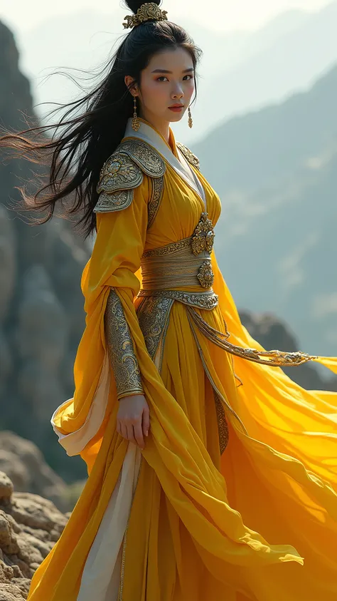 (Different angles, different actions) Ancient Chinese 18-year-old Chinese beauty, with rosy skin, black hair, dark gray eyes, wearing yellow and gold Ming Dynasty armor, standing on a mountain, high-detailed figure, sensual pose, dynamic movement, 8K. HD