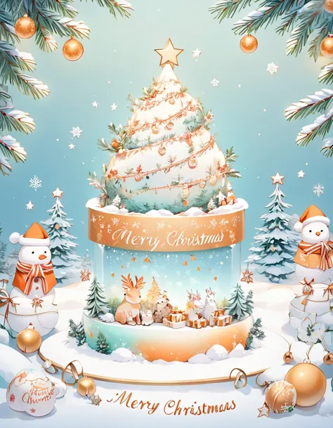 Beautiful snowy landscape, (Animal footprints in the snow), Merry Christmas greetings with fir branches and decorations, "Merry Christmas". pale greenish blue and whitish orange gradient background, lots of Christmas details, 🌟 💕 🎀, twinkle happiness!!!. 