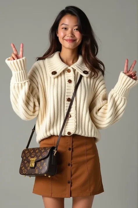 The outfit features a textured, cream-colored sweater with a large, decorative collar and button details. It is paired with a brown mini skirt, which has a simple and tailored design. The person is carrying a crossbody bag with a classic pattern and gold h...