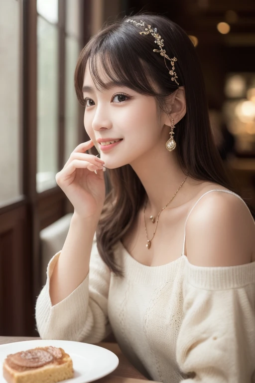  Inhaling Eyes , cute double ,  A mysterious woman enjoying chiffon cake at a cafe,  inside a calm cafe , Light colored medium hair, hairpin,  clothes chosen for a date , Talented , Kind personality,  woman who is very particular about the details ,  detai...