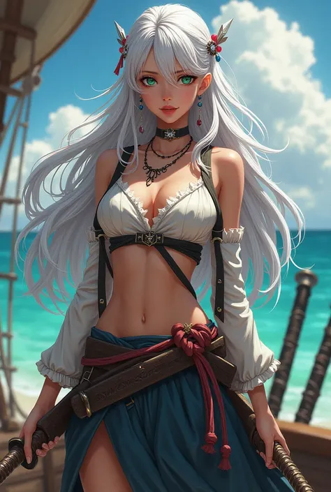  Beautiful mature 2D young woman with long wavy hair , white with pointed bangs on the front  ,  right eye green and left blue with black eyebrows , light red lips , with two katanas,  dressed as a pirate  . One piece anime version  
