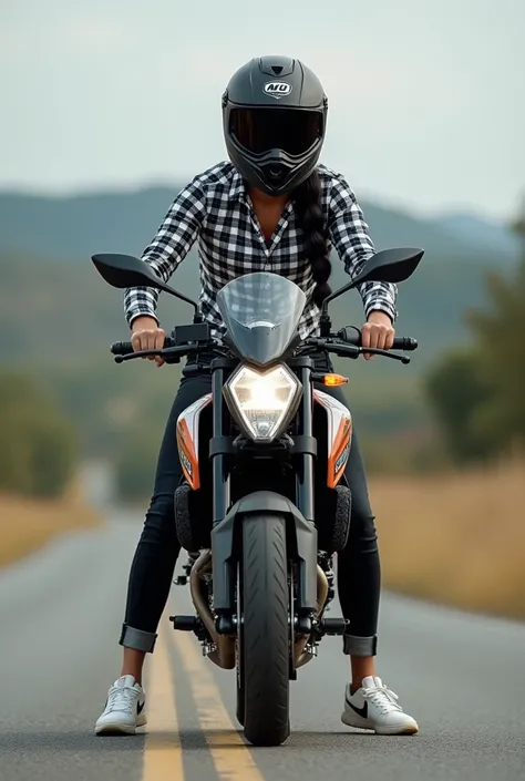  The girl was wearing black Jeans, a white and black checked shirt, white nike shoes. She was wearing agv helmet on visor facehide helmet. Hairstyle for one French braid in black color. Background ktmrc390 bike a boy stunt. Pose on a  road side. She is oli...