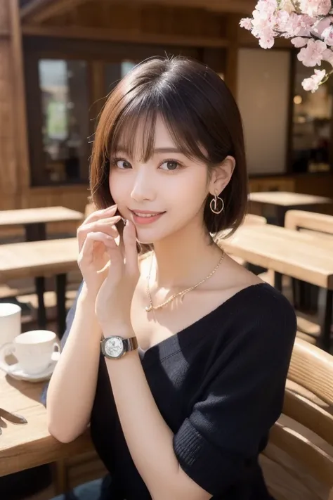  Inhaling Eyes , cute double ,  mystery woman enjoying chiffon cake at cafe,  inside a calm cafe , Light colored medium hair, hairpin,  clothes chosen for a date , Talented , Kind personality,  woman who is very particular about the details ,  detailed hai...