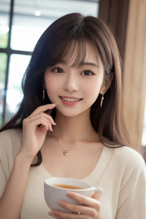  Inhaling Eyes , cute double ,  mystery woman enjoying chiffon cake at cafe,  inside a calm cafe , Light colored medium hair, hairpin,  clothes chosen for a date , Talented , Kind personality,  woman who is very particular about the details ,  detailed hai...