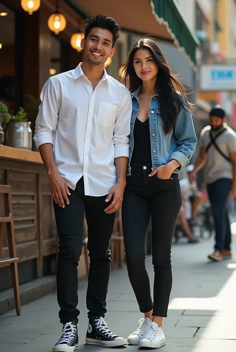 a handsome man, black hair, wearing a white slim-fit button-down shirt, long black jean trousers, Converse Hike High Star shoes, smiling cutely next to him a beautiful woman with long black hair, wearing a jean jacket, black vneck t-shirt, jean trousers, w...