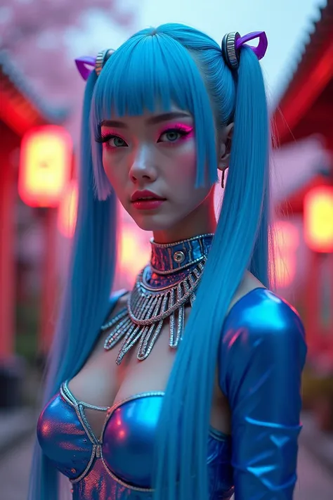 A woman with vibrant blue hair ,  with long ponytails and straight fringe ,  standing out with bold makeup in shades of pink on the eyes and flawless skin .  She wears a bright blue futuristic top with metallic details ,  combined with extravagant accessor...