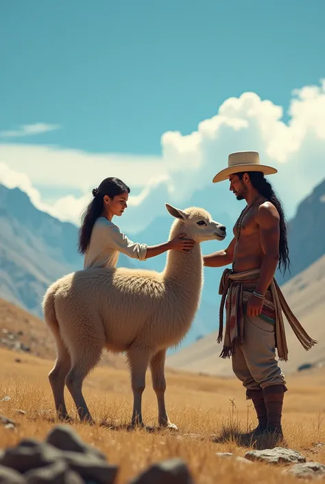  Sofia, an adult caresses a vicuña in an Ecuadorian paramo and the mountainous background and the blue sky, and next to her an indigenous man who wears a white hat, knee-length scarf and pants with a long braid being the guide that accompanies it