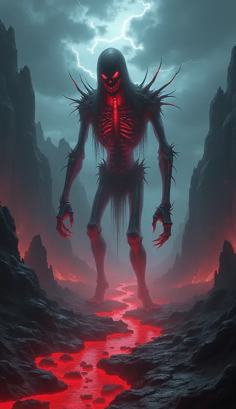  "A monstrous creature named Anemia, inspired by the concept of blood and frailty, emerges from the shadows. The creature has a skeletal, translucent body with veins glowing faintly in crimson, giving a ghostly appearance. Its eyes are hollow, leaking a da...