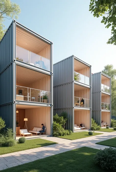  Three container houses of the same size and two-story structure ，Place them side by side ，, all connected by stairs ， There are large floor-to-ceiling windows on the first floor where you can see 。 Each of the three container houses functions as a dual-us...