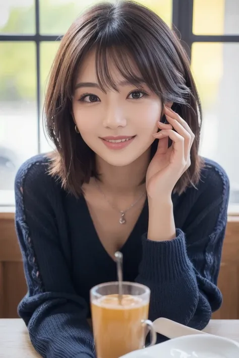  Inhaling Eyes , cute double ,  mystery woman enjoying chiffon cake at cafe,  inside a calm cafe , Light colored medium hair, hairpin,  clothes chosen for a date , Talented , Kind personality,  woman who is very particular about the details ,  detailed hai...