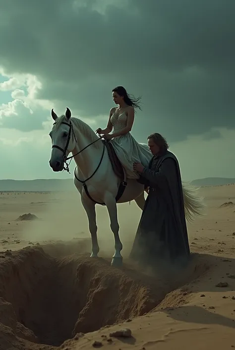 A very clear HD dynamic image of.  A flashback-style scene of the man digging the grave, placing her on the white horse, and riding through the dark desert."

