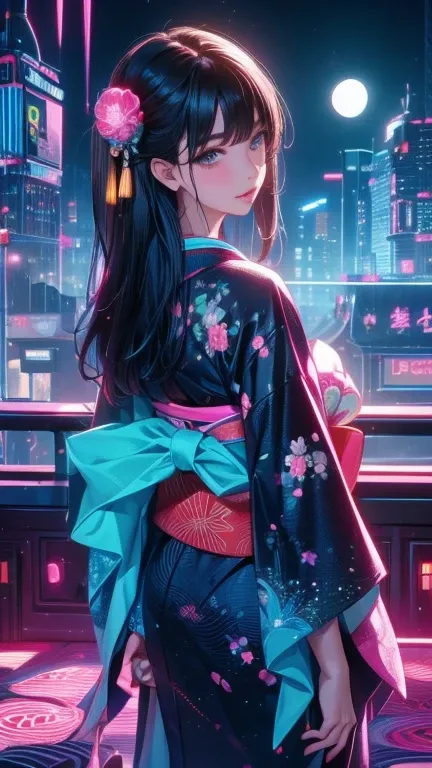 8k、 Ultra High Definition、Beauty、beautiful、 detailed、 realistic 、Realistic、 realistic 、Jet Black Hair、 straight hair、((Wearing a Japanese-style kimono))、 back view、((((Turn to the left and look back))))、 standing、(( Future City))、(( Cyber))、neon、Near futur...