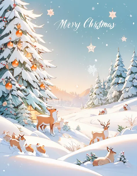 Beautiful snowy landscape, (Animal footprints in the snow), Merry Christmas greetings with fir branches and decorations, "Merry Christmas". pale greenish blue and whitish orange gradient background, lots of Christmas details, 🌟 💕 🎀, twinkle happiness!!!. 