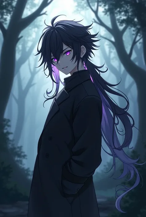 - a young male
- black and white hair
- violet eyes
- black clothes
- full body
- in a foggy forest
- with a mischievous smile
- anime version
- long hair