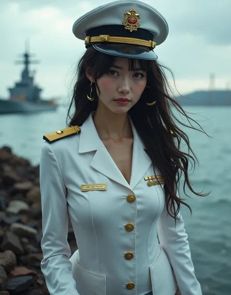 Photo-realistic, ultra-realistic, (very beautiful Japanese, famous Japanese idol but naval commander:1.3), wearing a tight fitting white naval uniform, dynamic angle, (painful expressions:1.5), Her battleship was hit and exploded, amazing view of exploded ...