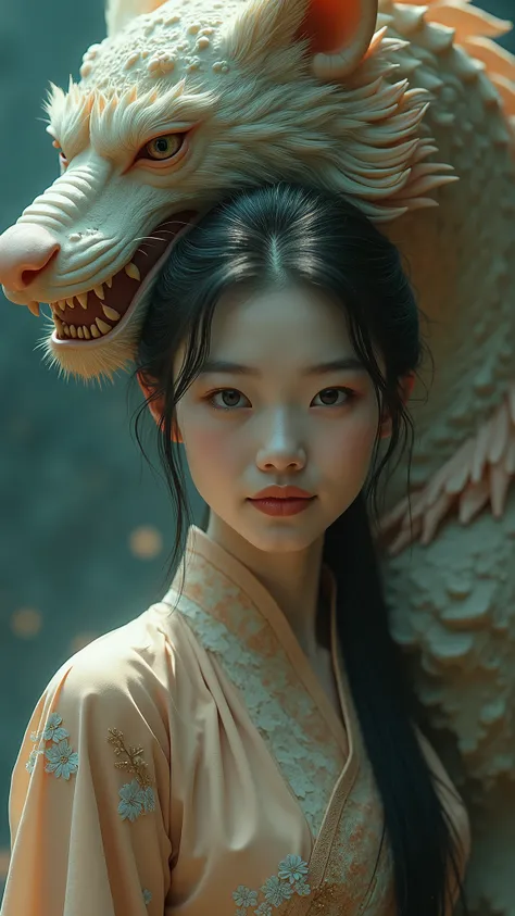 1girl,asian,smile,dressed,realistic,camera,(minimalism:1.3),(chinese shanhaijing),(a monster myth :1.5),mmortal beast from mythology,Chinese classical patterns,Taoism of chinese,themes such as the power of the subconscious mind,dreams,death,eroticism,Freud...