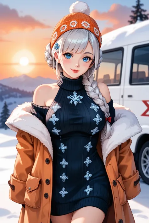 Anime girl with blue eyes and long hair in a black dress,  conceptual art , 2b，Alice,(  uses the contrast of light and shadow to make the subject look three-dimensional),(((Sunset in the background))),(((Winter snow mountaineering landscape :1.3))),Cute an...