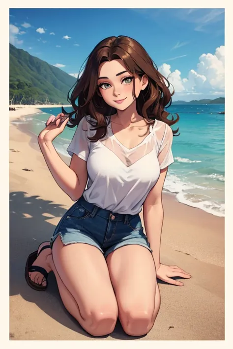  A young woman with wavy and fluffy brown hair, amber eyes,  wears lenses, white sandals, shorts cortos, white blouse,  perfect body  , a hand behind the ear , shy smile.  landscape of a beach 