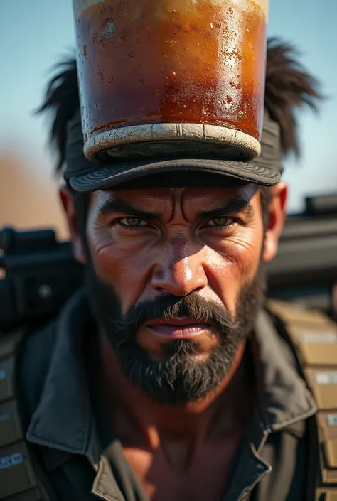 (Close-up of a better work:1.5)0.9], (PUBG mobile character is selling iced tea carried on his head :1.2) (carrying a gun on his back:1.1)