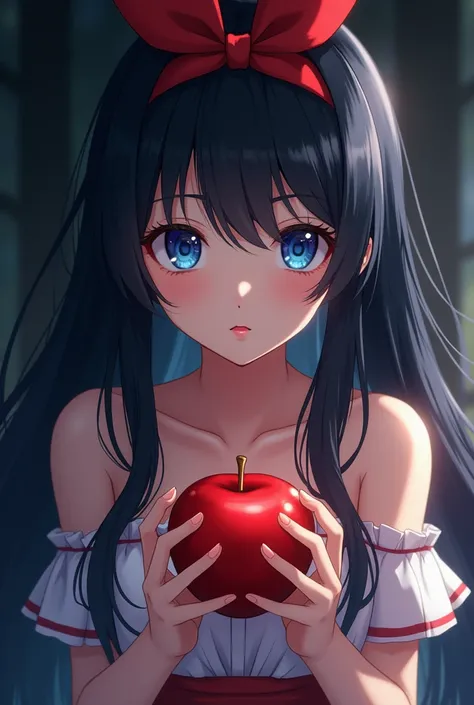 anime girl, long black hair, bangs, blue eyes, red lips, ((photoshoot, posing)), close-up portrait, red ribbon headband, dark background, ((cinematic)), innocent, ((elegant)), ((Princess Snow White)), holding an apple